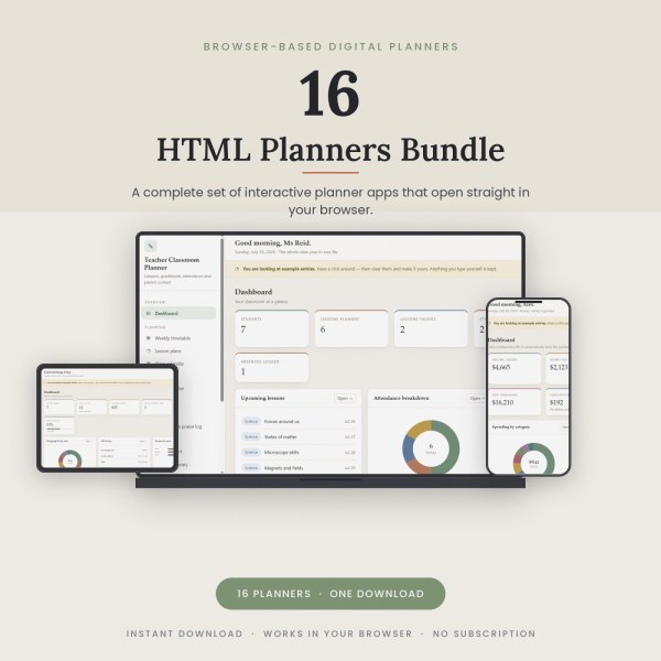 16 HTML Planner Bundle | Budget, Meal, Fitness, Teacher, Wedding & More